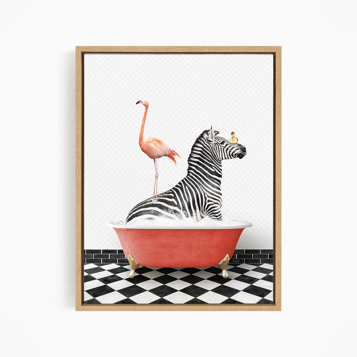 A zebra is sitting in a red bathtub, with a flamingo standing on its back legs and a bird perched on its head.