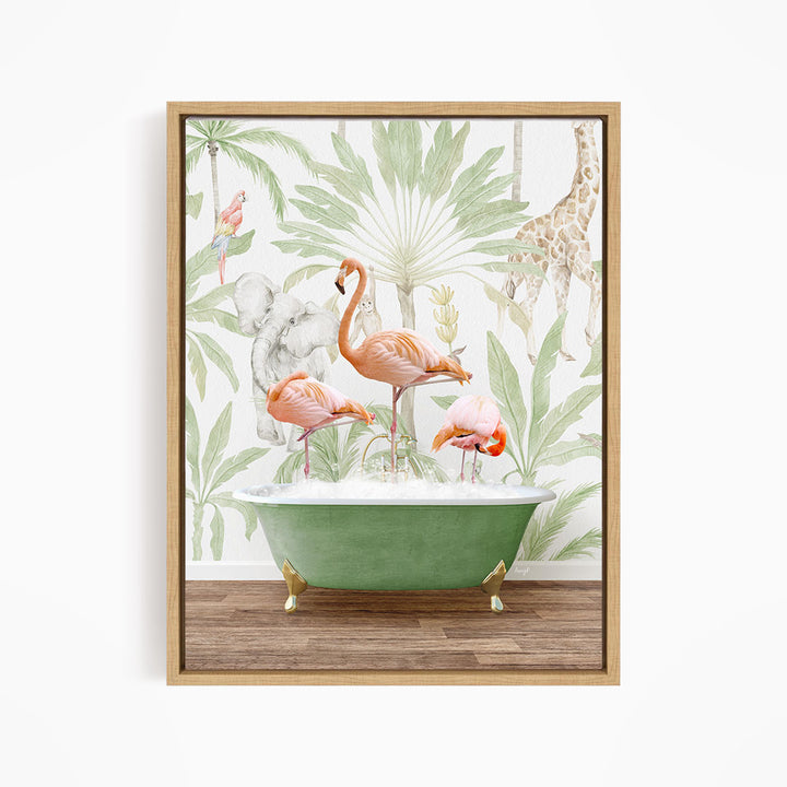 A framed print depicting a green bathtub filled with water, surrounded by various colorful birds, including flamingos, parrots, and a giraffe, set against a tropical wallpaper background.