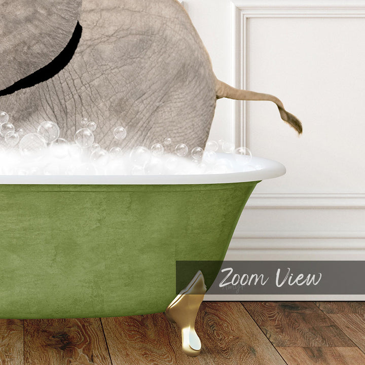 A green bathtub filled with bubbles, with a large gray elephant partially submerged in the water.