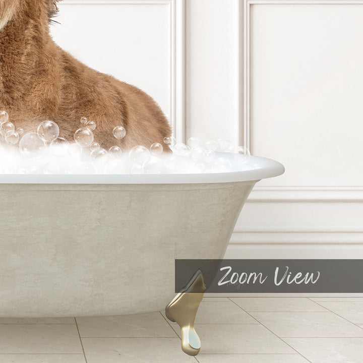 A dog is standing in a bathtub filled with bubbles, enjoying a relaxing bath.