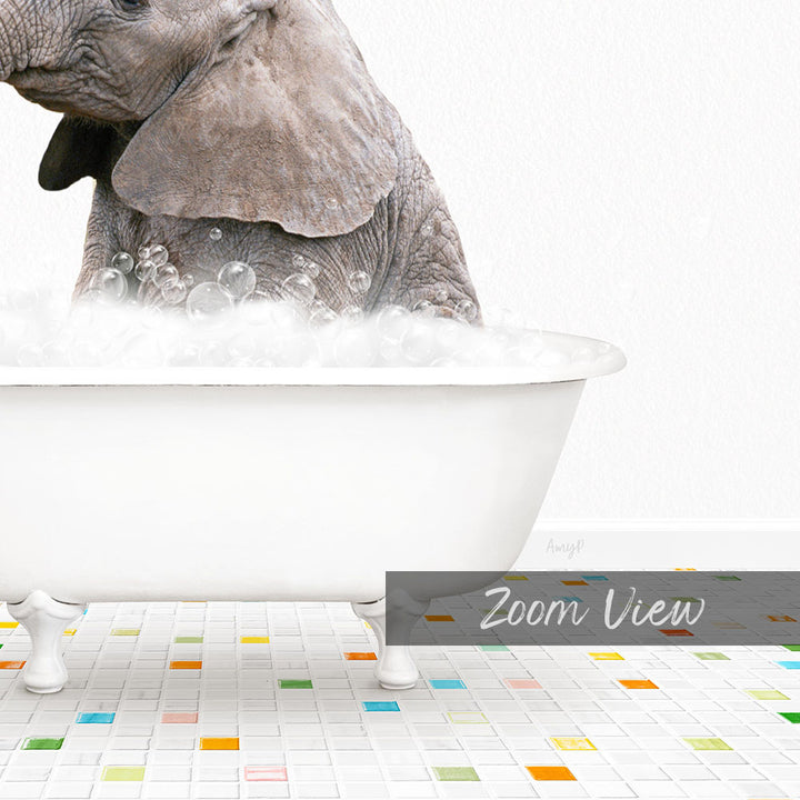 A large elephant is sitting in a white bathtub filled with bubbles, creating a whimsical and playful scene.