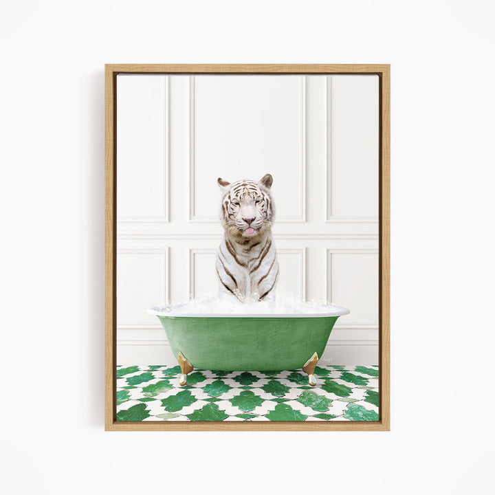 A white tiger sitting in a green bathtub filled with water, surrounded by a green and white patterned floor.