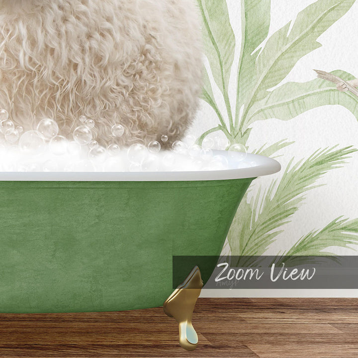 A fluffy white dog is sitting in a green bathtub filled with bubbles, with a green plant leaf patterned wall behind it.