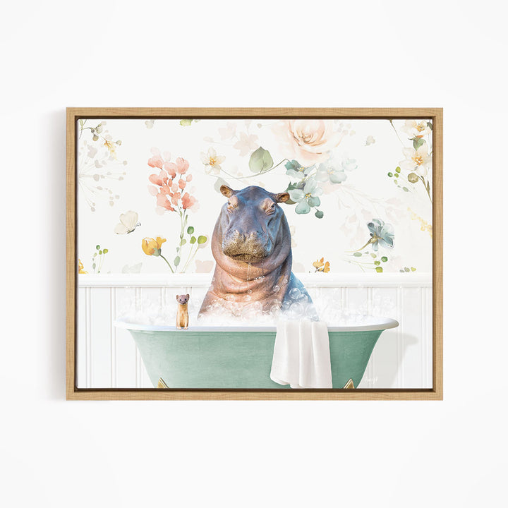 A framed print depicting a hippopotamus sitting in a bathtub filled with water, surrounded by flowers and other decorative elements.