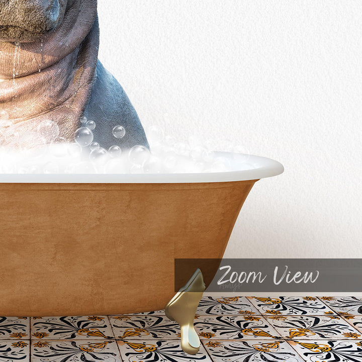 A bathtub filled with bubbles, with a dog's head partially submerged in the water.