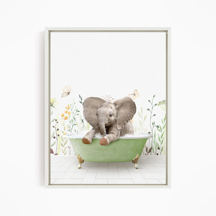 A baby elephant sitting in a green bathtub, surrounded by flowers and butterflies.