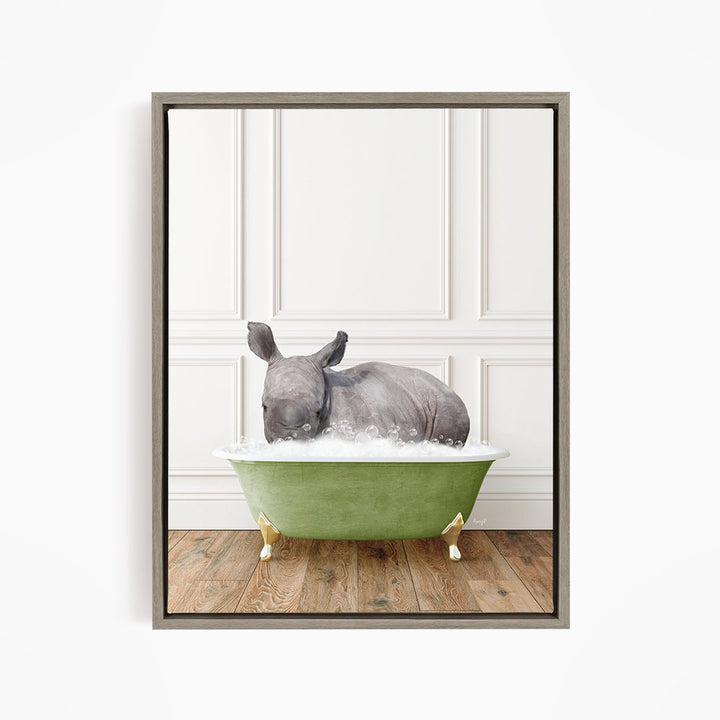 A rhinoceros is sitting in a green bathtub filled with water, creating a whimsical and playful scene.