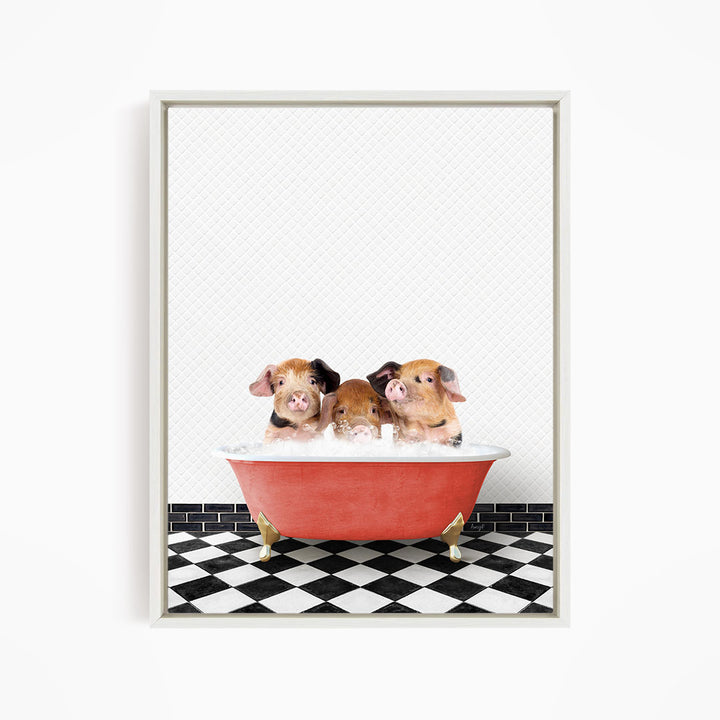 Three adorable pigs sitting in a red bathtub on a black and white checkered floor.