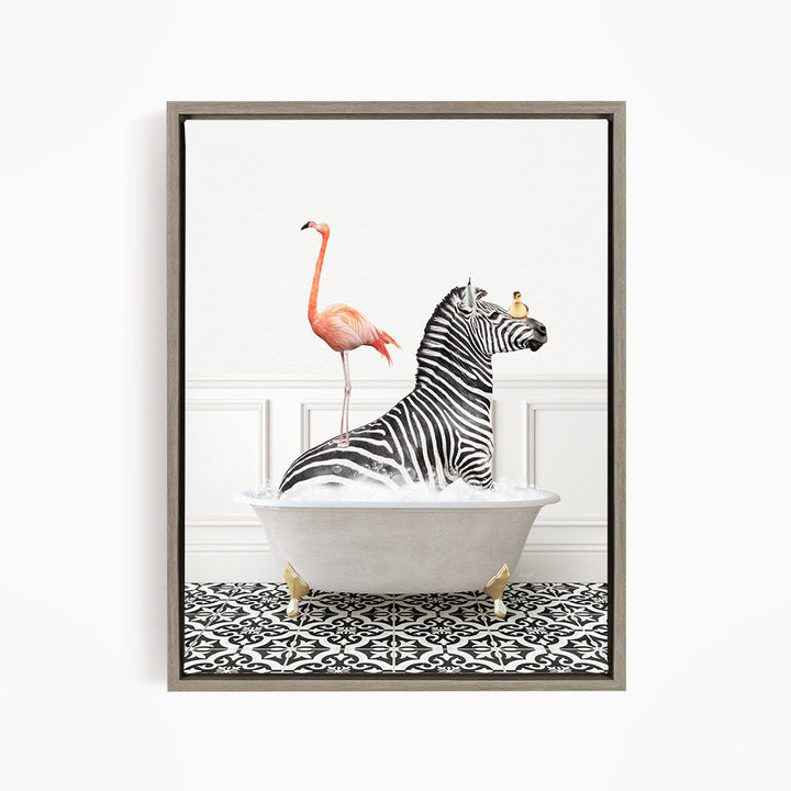 A zebra is sitting in a bathtub, with a flamingo standing on its back and a bird perched on its head.