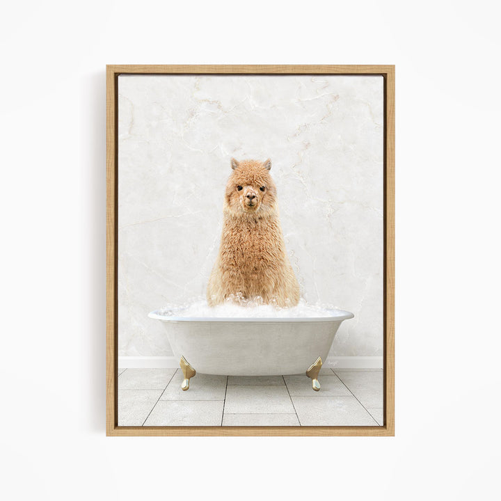A fluffy brown dog sitting in a white bathtub filled with bubbles, looking directly at the camera.