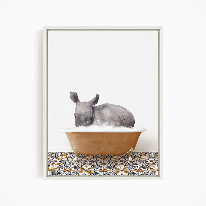 A rhinoceros is sitting in a bathtub filled with water, surrounded by a patterned tile floor.