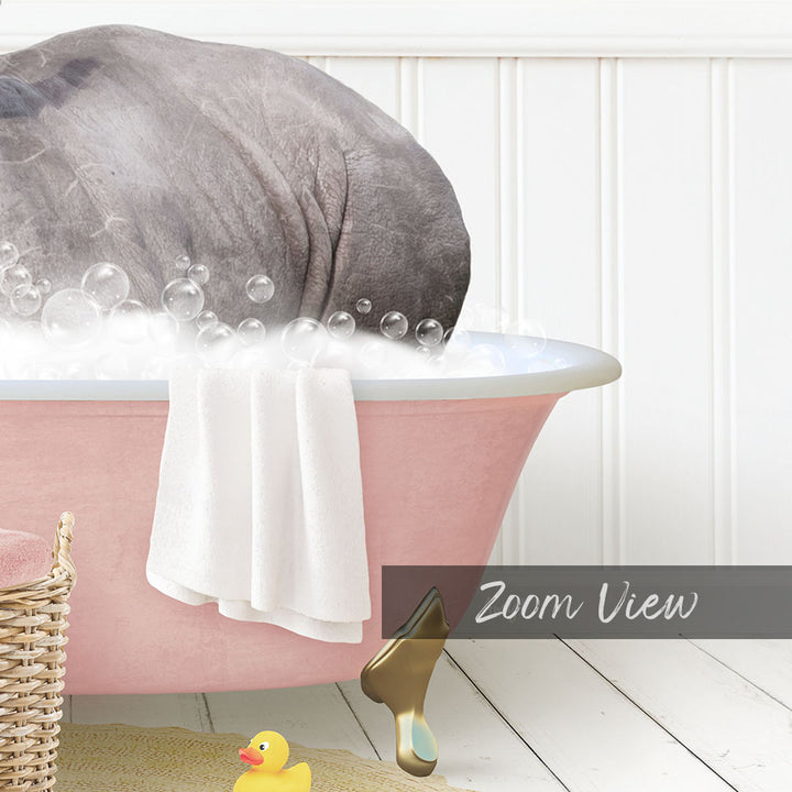 A pink bathtub filled with bubbles, with a gray elephant partially submerged in the water. A yellow rubber duck is also present in the tub.