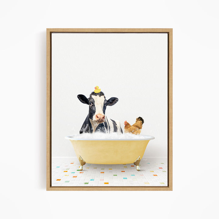 A cow with a yellow rubber duck on its head is sitting in a yellow bathtub, with a chicken standing nearby.