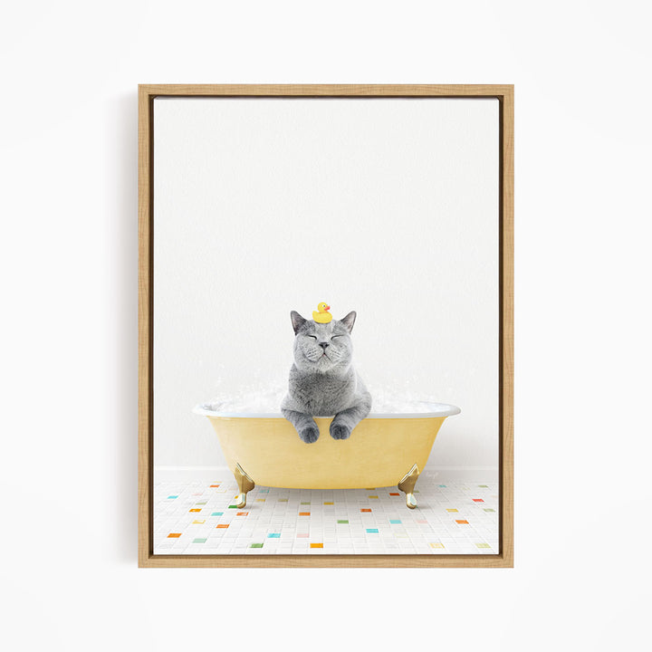 A gray cat sitting in a yellow bathtub, with a rubber duck on its head, against a white background.