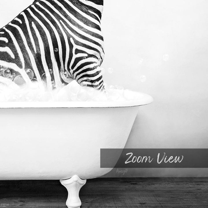 A zebra standing in a bathtub filled with bubbles, creating a whimsical and playful scene.