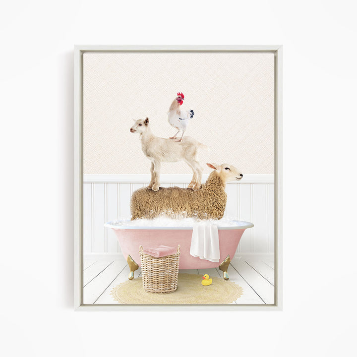 A sheep standing on a pink bathtub, with a chicken perched on top, and a lamb sitting on the tub's edge.