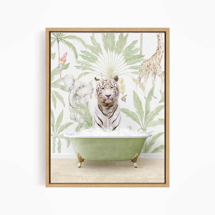 A tiger sitting in a green bathtub, surrounded by tropical foliage and animals, such as a giraffe and a parrot.
