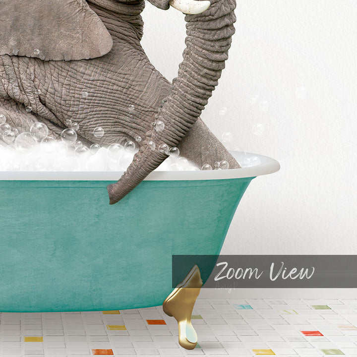 A large elephant is sitting in a green bathtub filled with bubbles, with its trunk submerged in the water.