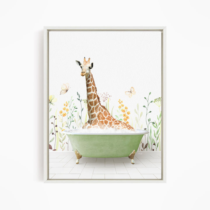 A giraffe sitting in a green bathtub filled with bubbles, surrounded by flowers and butterflies.