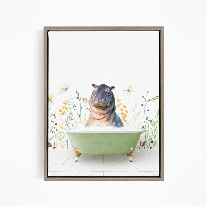 A framed image depicting a hippopotamus sitting in a green bathtub surrounded by flowers and butterflies.