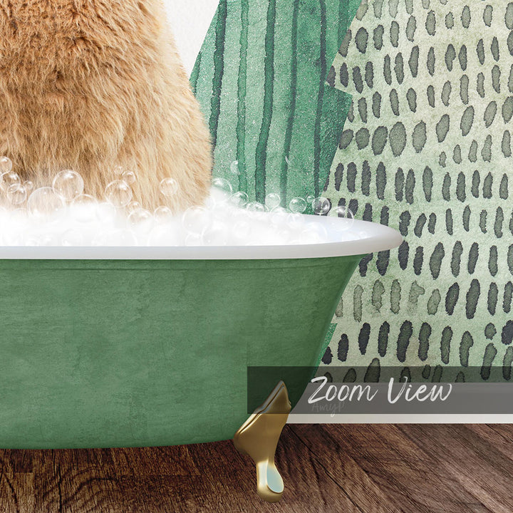 A cat is sitting in a green bathtub filled with bubbles, with a patterned wall in the background.