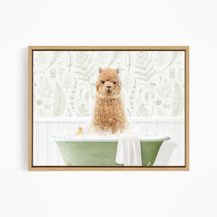 A fluffy brown alpaca sitting in a green bathtub filled with bubbles, surrounded by a patterned wallpaper.