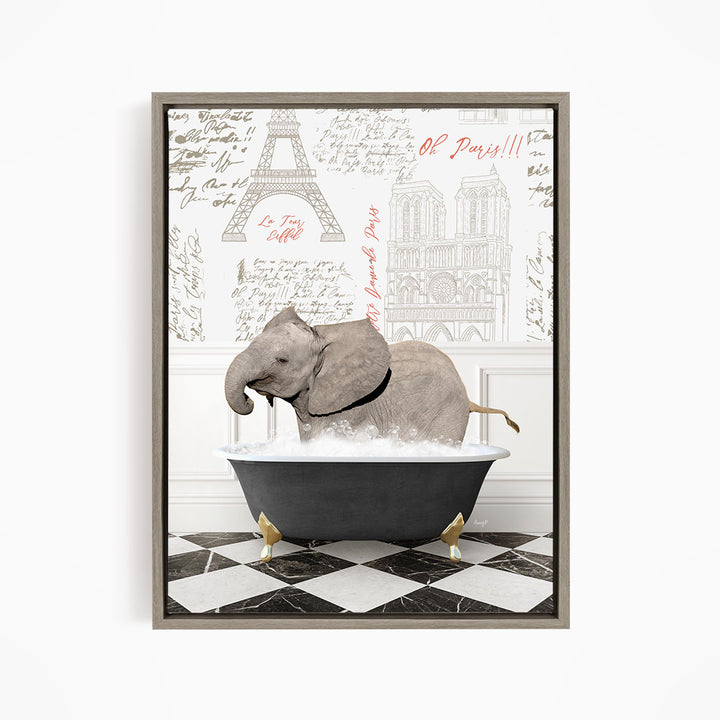 A gray elephant is sitting in a black bathtub filled with water, surrounded by a checkered floor and a wall with various inscriptions and illustrations.