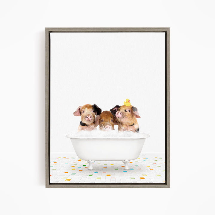 Three adorable pigs sitting in a white bathtub, with one of them wearing a yellow rubber duck hat.
