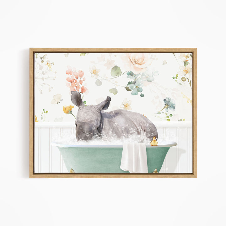 A rhinoceros is sitting in a green bathtub filled with water, surrounded by flowers and greenery.