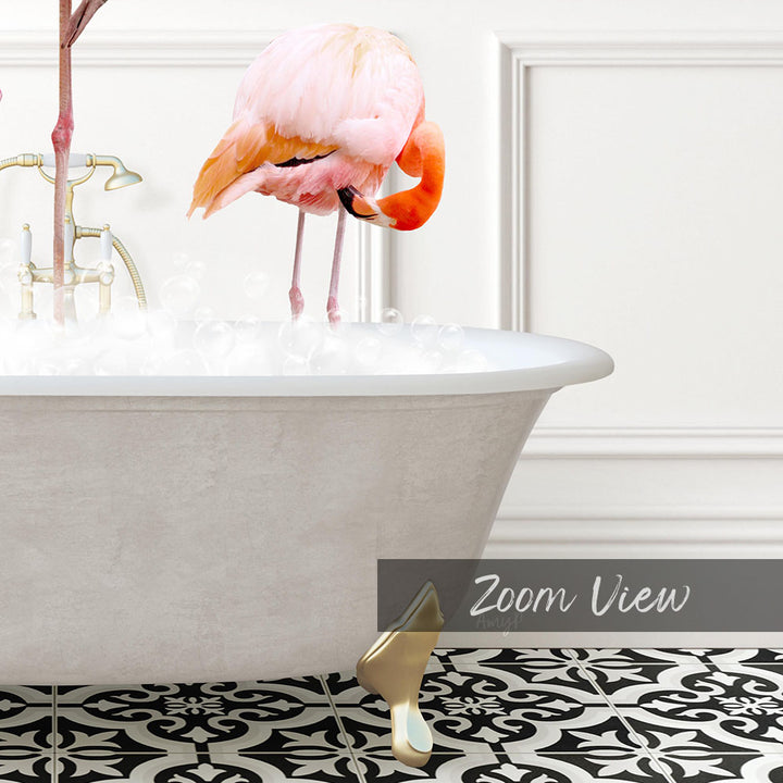 A pink flamingo standing in a bathtub filled with water, with a white wall and a decorative tile pattern in the background.
