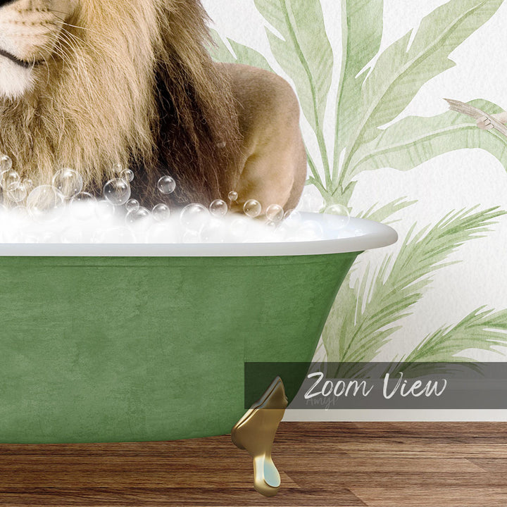 A lion is sitting in a green bathtub filled with bubbles, surrounded by a tropical plant backdrop.
