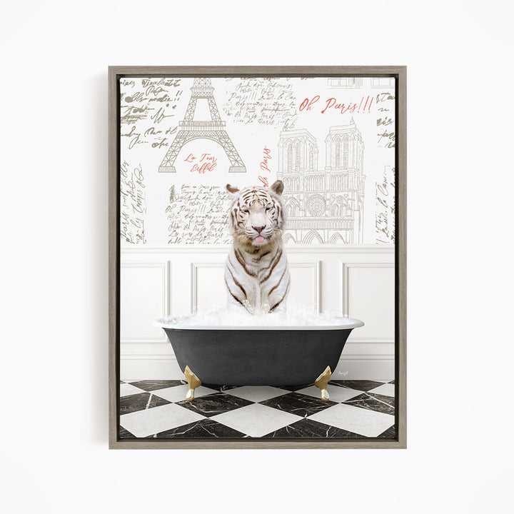 A white tiger is sitting in a bathtub filled with water, surrounded by a Paris-themed background with the Eiffel Tower and other landmarks.
