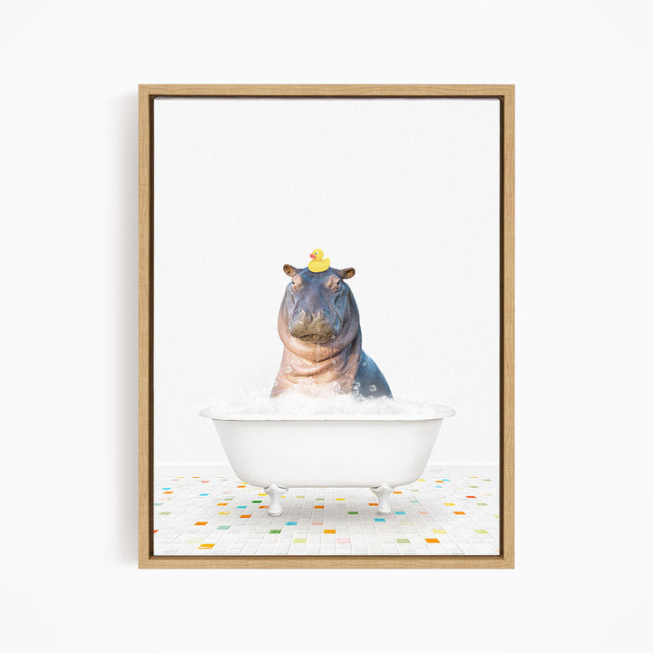 A hippopotamus sitting in a bathtub with a rubber duck on its head.