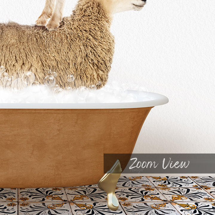 A sheep standing in a bathtub filled with water, with a gold bathtub faucet and a patterned tile floor visible in the foreground.