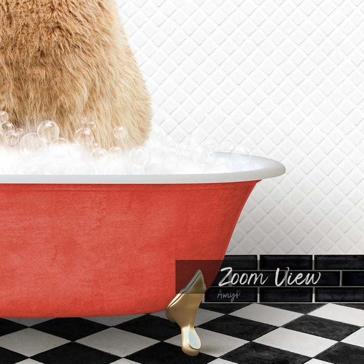 A red bathtub filled with bubbles, with a cat sitting inside and enjoying the bath.