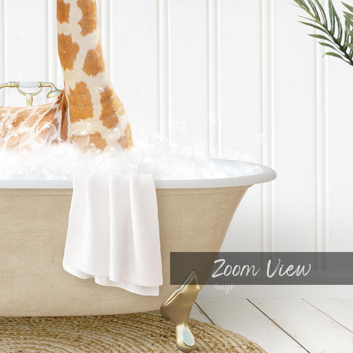 A bathtub filled with bubbles, with a towel and a giraffe's leg partially submerged in the water.