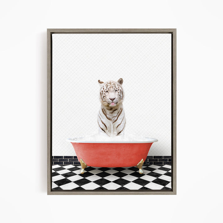 A white tiger sitting in a red bathtub filled with water, with a black and white checkered floor in the background.