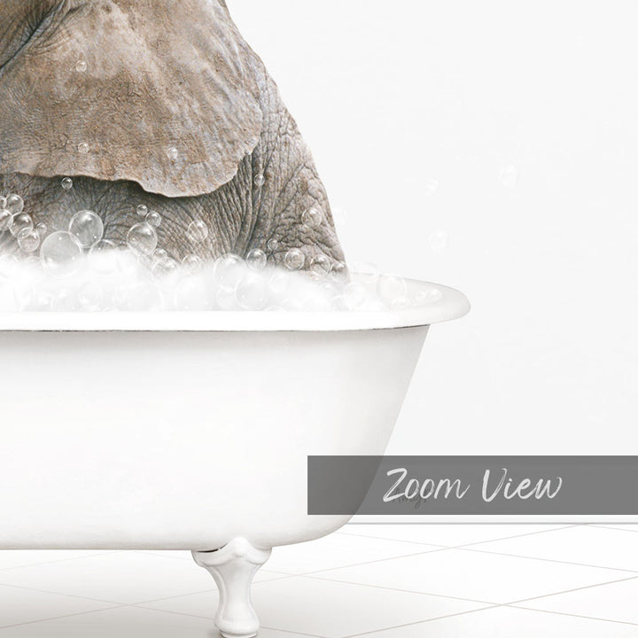 A close-up view of an elephant submerged in a bathtub filled with bubbles, with the text "Zoom View" overlaid on the image.
