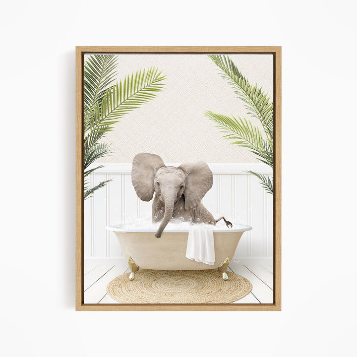 A baby elephant sitting in a bathtub filled with water, surrounded by palm leaves.