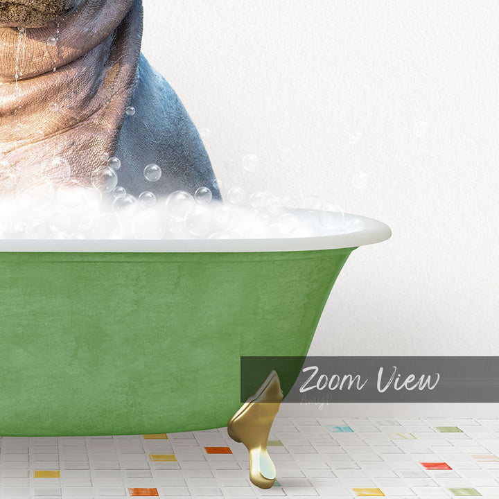 A close-up of a green bathtub filled with bubbles, with a person's head partially visible above it.