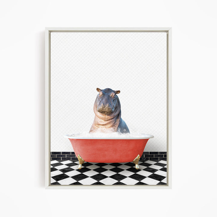 A hippopotamus sitting in a red bathtub filled with water, surrounded by a black and white checkered floor.