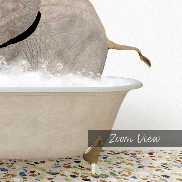 A close-up of an elephant standing in a bathtub filled with bubbles, with a text overlay that reads "Zoom View".