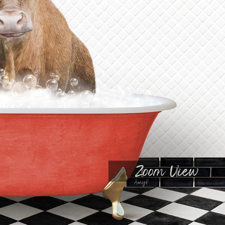 A red bathtub filled with bubbles, with a cow standing inside it.