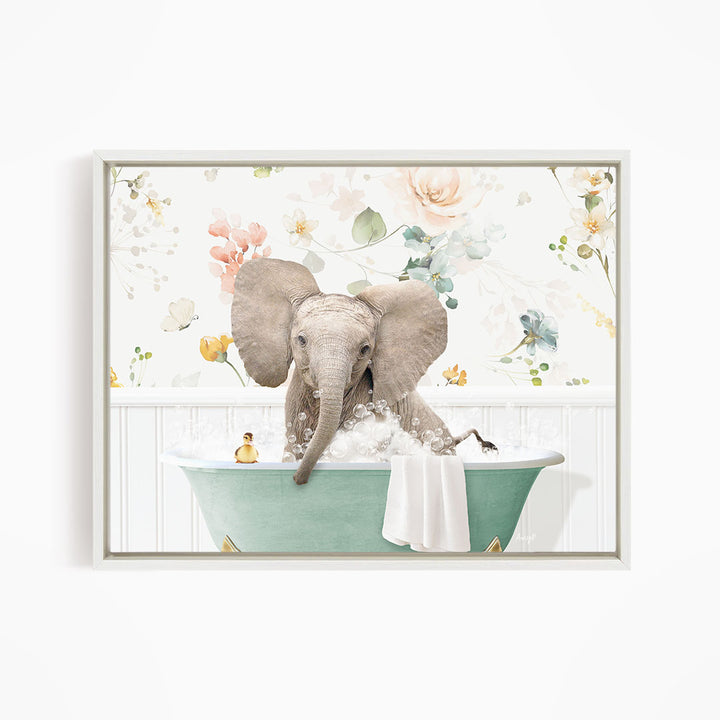 A gray elephant is sitting in a green bathtub filled with bubbles, surrounded by a floral pattern.