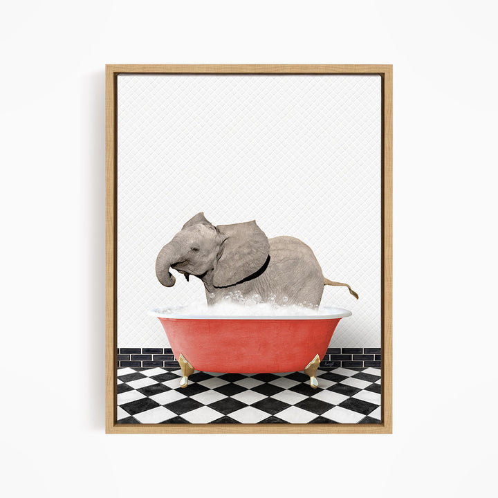 A gray elephant is sitting in a red bathtub filled with water, surrounded by a black and white checkered floor.