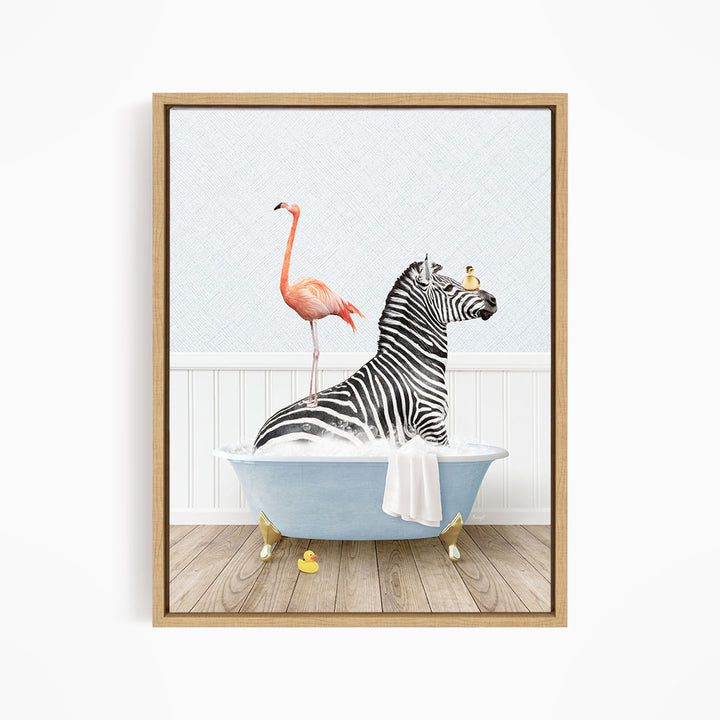 A zebra is sitting in a bathtub, surrounded by a pink flamingo and a yellow rubber ducky, creating a whimsical and playful scene.