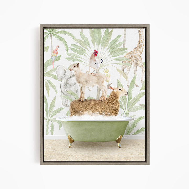 A collage of various animals, including a dog, cat, sheep, and a bird, all sitting or standing on a green bathtub against a tropical background with palm trees and other foliage.