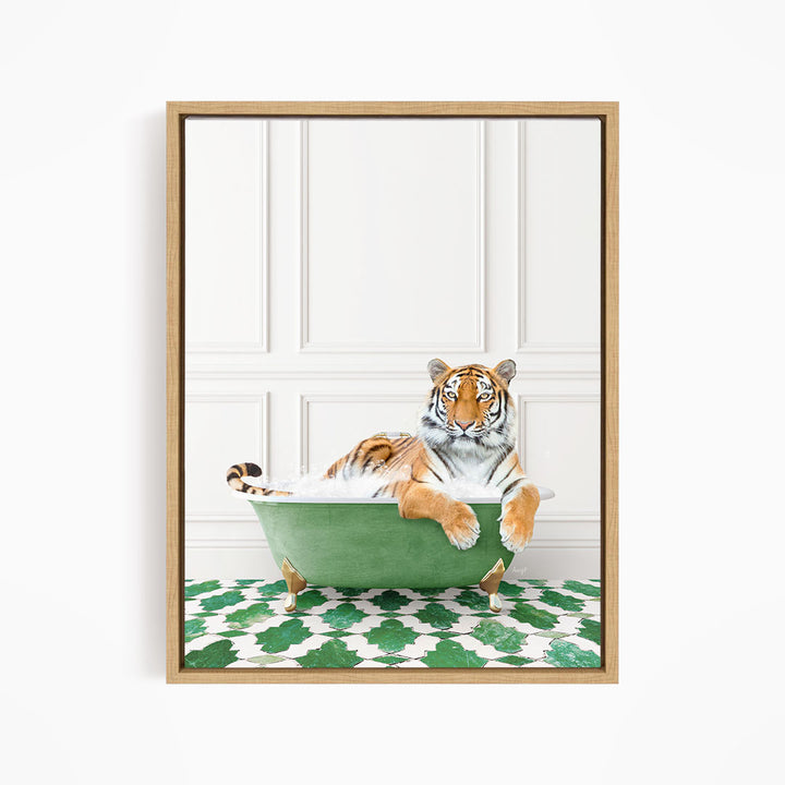 A tiger is sitting in a green bathtub, surrounded by a green and white patterned floor.