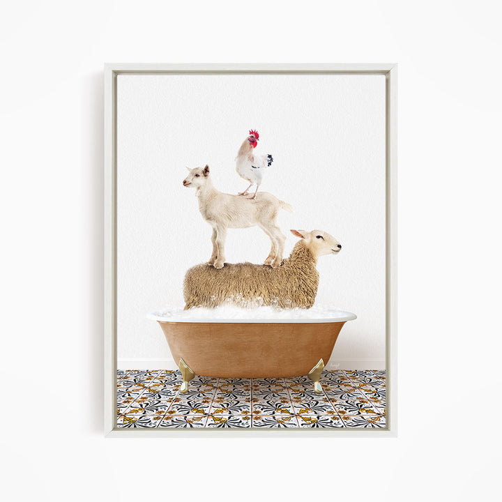 A framed image depicting a sheep standing on a chicken's back while a rooster stands on top of a lamb in a bathtub.