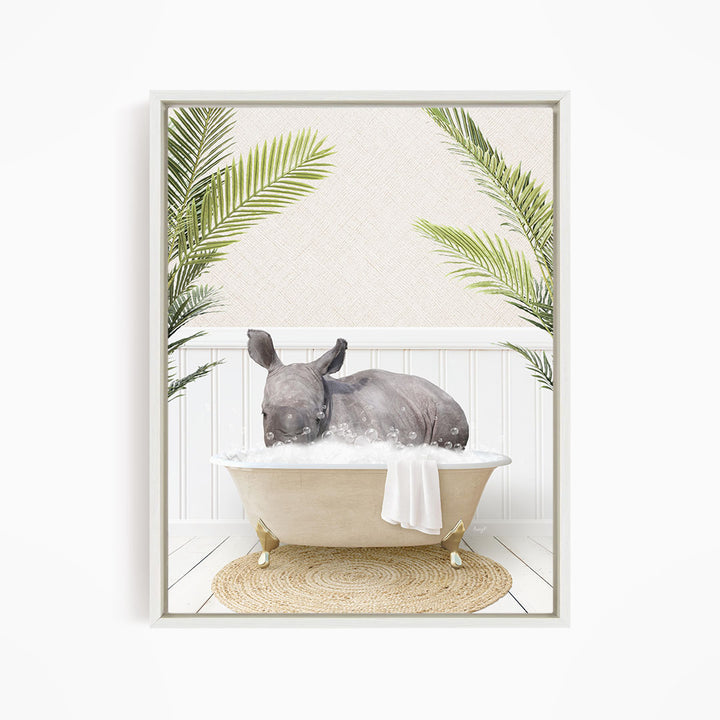 A rhinoceros is sitting in a bathtub filled with water, surrounded by palm leaves, creating a whimsical and playful scene.
